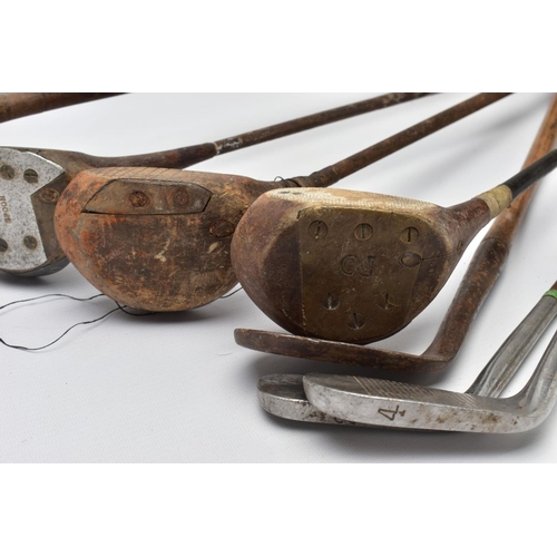 155A - EIGHT VINTAGE GOLF CLUBS, comprising a wooden shaft driver and wedge and steel shaft clubs comprisin... 