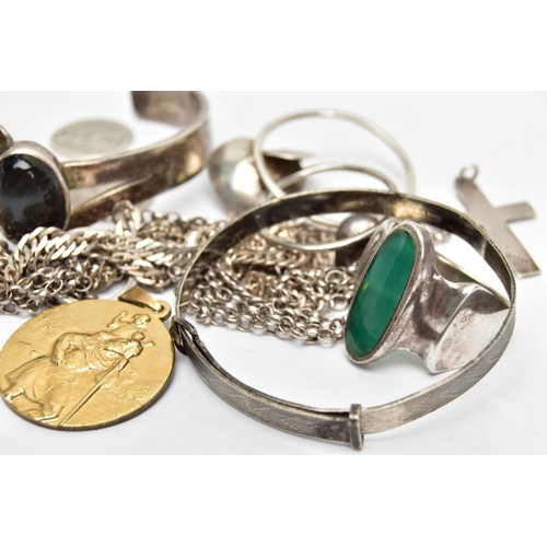 160 - SELECTION OF PREDOMINANTLY WHITE METAL JEWELLERY, to include two bangles, three rings, five pendants... 