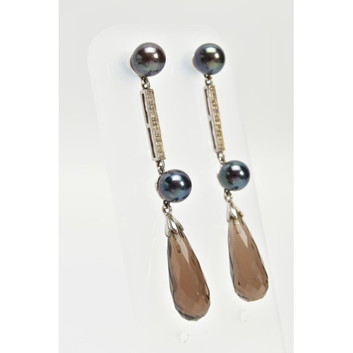 161 - A PAIR OF 9CT GOLD CULTURED PEARL, QUARTZ AND COLOURLESS GEM EARRINGS, the grey cultured pearl surmo... 