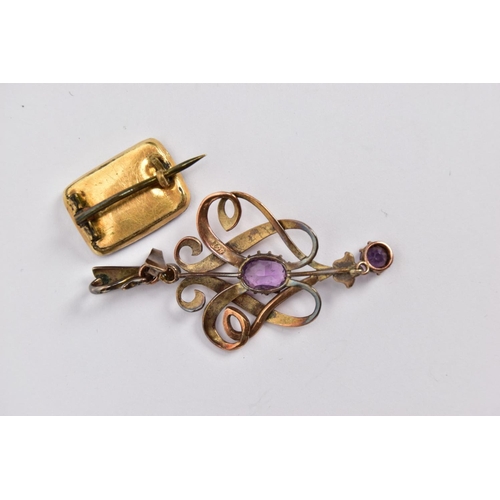 162 - AN AMETHYST AND SPLIT PEARL YELLOW METAL PENDANT AND A WOVEN HAIR MEMORIAL YELLOW METAL BROOCH, the ... 