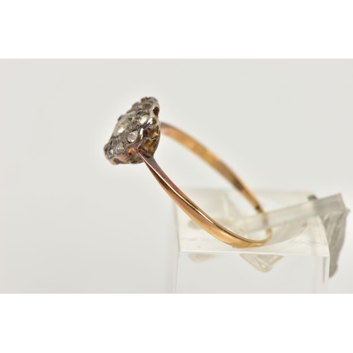 163 - A YELLOW METAL OLD CUT DIAMOND CLUSTER RING, the old cut diamond with similar cut diamond surround, ... 