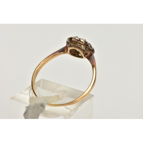 163 - A YELLOW METAL OLD CUT DIAMOND CLUSTER RING, the old cut diamond with similar cut diamond surround, ... 