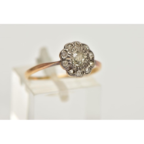 163 - A YELLOW METAL OLD CUT DIAMOND CLUSTER RING, the old cut diamond with similar cut diamond surround, ... 