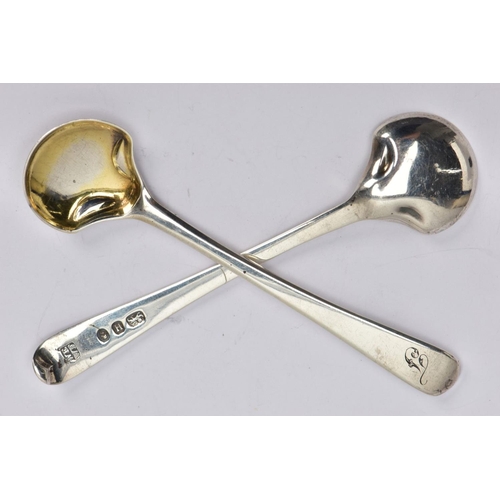 165 - TWO GEORGIAN SILVER MUSTARD SPOONS, personalised initial either 'T or J', maker's marks 'WE WF', hal... 