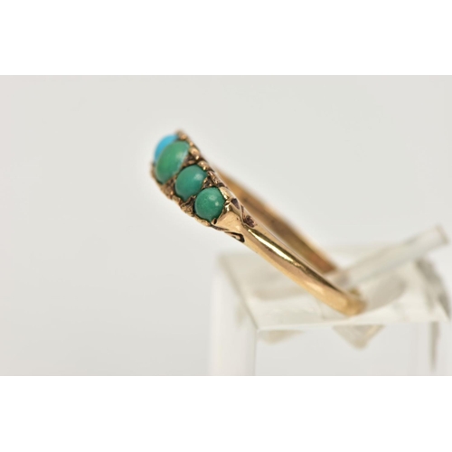 168 - A 1970s 9CT GOLD TURQUOISE FIVE STONE RING, the graduated turquoise cabochon line with scroll detail... 