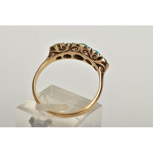 168 - A 1970s 9CT GOLD TURQUOISE FIVE STONE RING, the graduated turquoise cabochon line with scroll detail... 