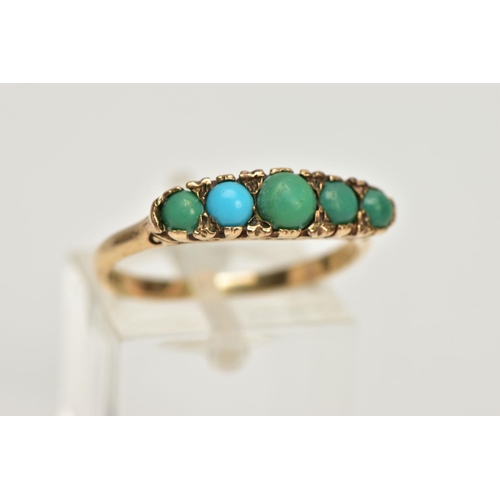 168 - A 1970s 9CT GOLD TURQUOISE FIVE STONE RING, the graduated turquoise cabochon line with scroll detail... 