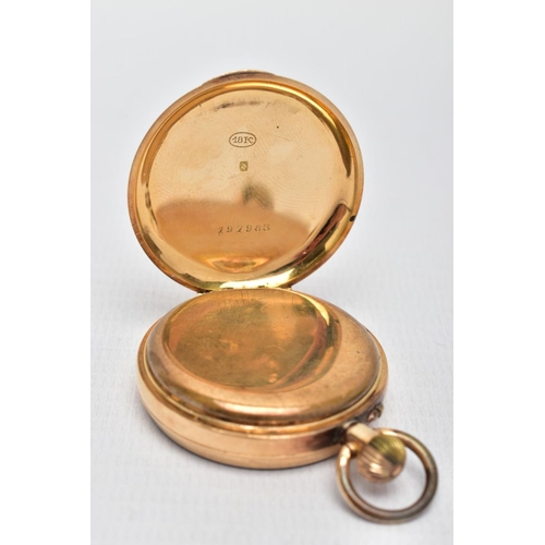 17 - A YELLOW METAL OPEN FACE POCKET WATCH, manual wind, round white dial, Roman numerals, gold tone hand... 