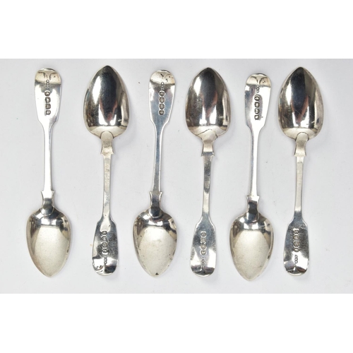 171 - SET OF SIX EARLY VICTORIAN SILVER SPOONS, fiddle pattern tea spoons each comprising a personalised i... 