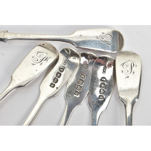 171 - SET OF SIX EARLY VICTORIAN SILVER SPOONS, fiddle pattern tea spoons each comprising a personalised i... 