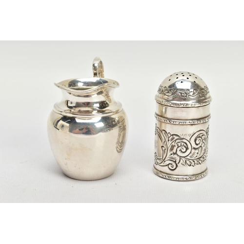 172 - A LATE VICTORIAN PEPPER POT AND AN EDWARDIAN SILVER JUG, the first a late Victorian engraved peppere... 