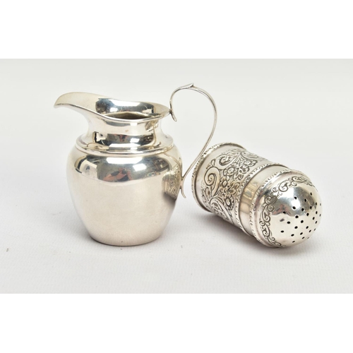 172 - A LATE VICTORIAN PEPPER POT AND AN EDWARDIAN SILVER JUG, the first a late Victorian engraved peppere... 