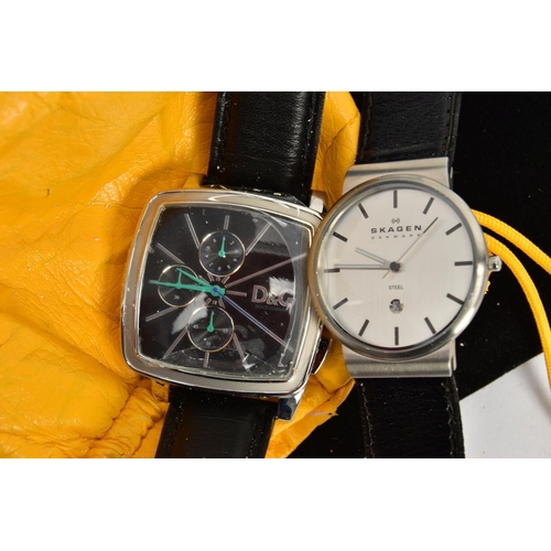 175 - TWO GENTLEMANS WRISTWATCHES, the first a 'Dolce & Gabbana' square black dial with baton markers, lea... 