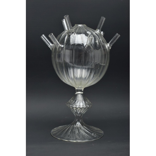 175A - A CIRCA 1980s STUDIO GLASS FLOWER STEM VASE /  TULIPIERE?, the clear glass body is of globular form ... 