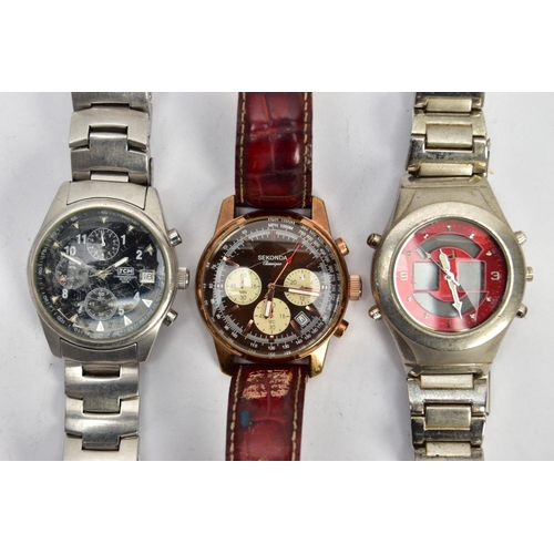 176 - THREE WRISTWATCHES, to include a cased SEKONDA watch with rose gold plated case on a red leather str... 