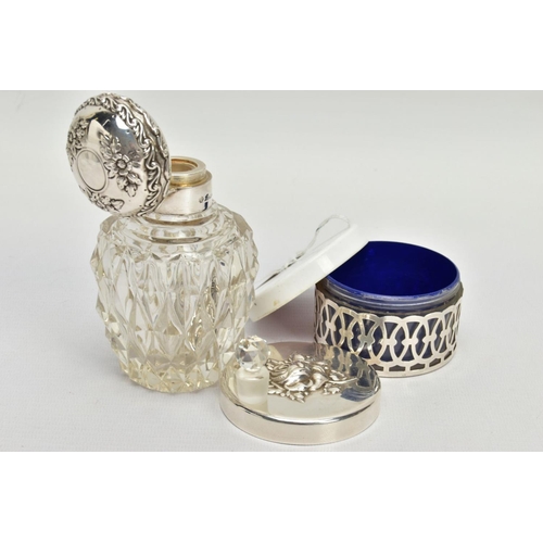 178 - AN EDWARDIAN SILVER AND GLASS SCENT BOTTLE, WITH A 1980S SILVER POT, the first hallmarked Birmingham... 