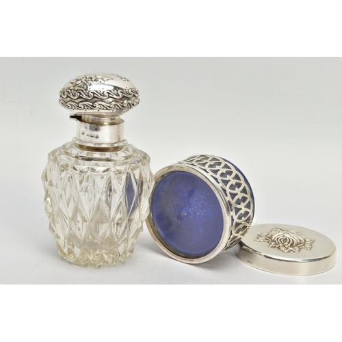 178 - AN EDWARDIAN SILVER AND GLASS SCENT BOTTLE, WITH A 1980S SILVER POT, the first hallmarked Birmingham... 