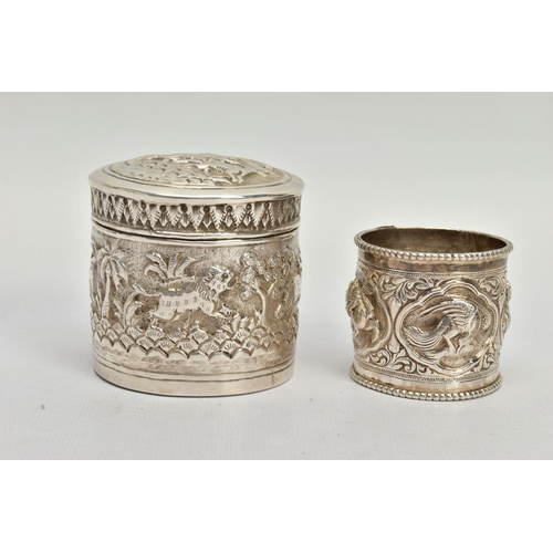 179 - TWO EARLY 20TH CENTURY ITEMS, the first an embossed unmarked white metal pot depicting a hunting sce... 