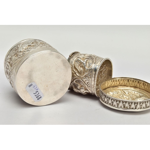 179 - TWO EARLY 20TH CENTURY ITEMS, the first an embossed unmarked white metal pot depicting a hunting sce... 