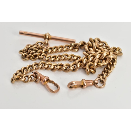 18 - A YELLOW METAL ALBERT CHAIN, graduated hollow curb link chain each link is stamped with a '9', fitte... 