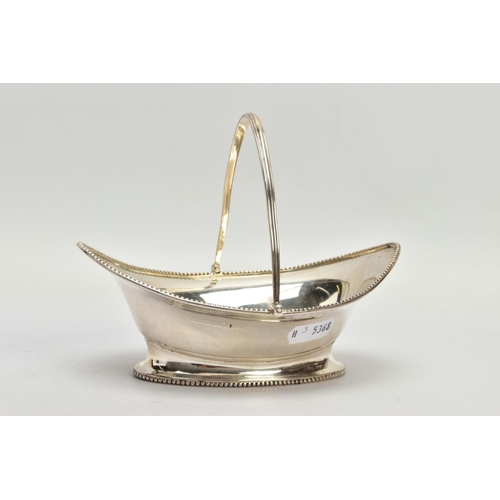 185 - A GEORGIAN SILVER BASKET, of oval outline with plain polished beaded border and grooved handle, hall... 