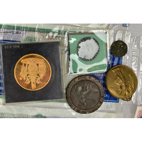 188 - A SMALL CARDBPOARD BOX CONTAINING A DAMAGED 1797 CARTWHEEL TWO PENCE COIN, A WW1 VICTORY MEDAL, AN E... 