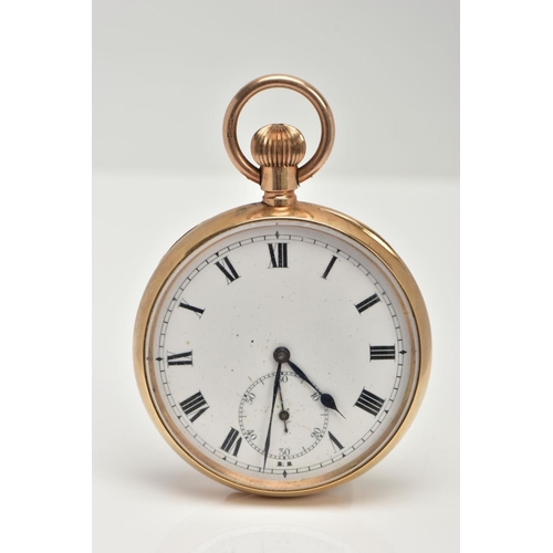 2 - A 9CT GOLD OPEN FACE POCKET WATCH, manual wind, round white dial, Roman numerals, subsidiary dial at... 