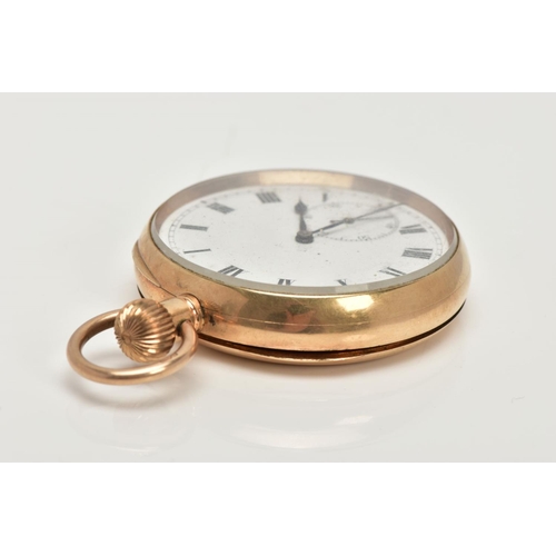 2 - A 9CT GOLD OPEN FACE POCKET WATCH, manual wind, round white dial, Roman numerals, subsidiary dial at... 