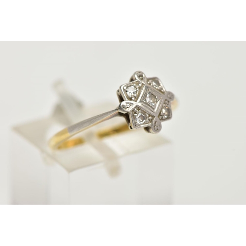 21 - AN EARLY 20TH CENTURY DIAMOND RING, square mount set with single cut diamond, in a white metal setti... 