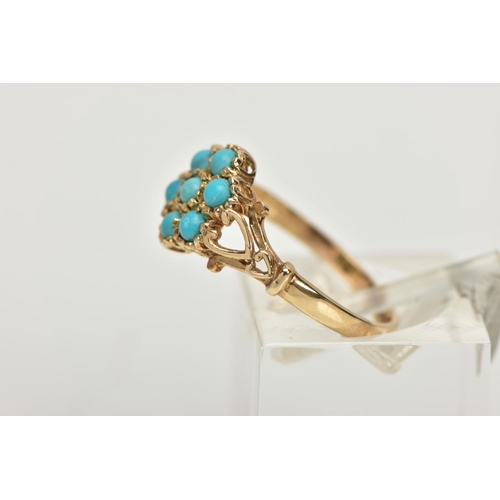 23 - A 9CT GOLD TURQUOISE CLUSTER RING, flower shape cluster set with seven turquoise cabochons, yellow g... 
