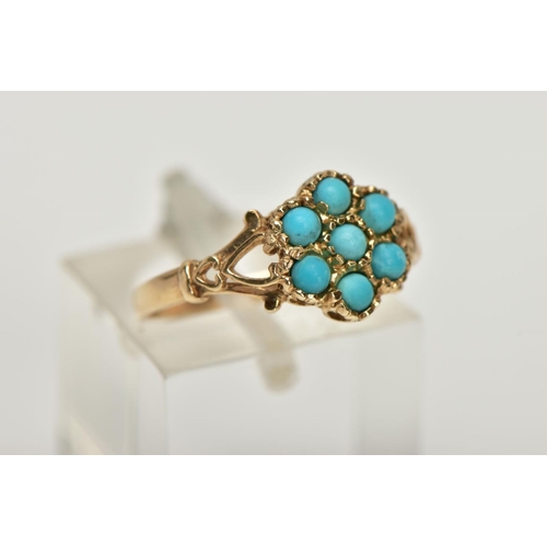 23 - A 9CT GOLD TURQUOISE CLUSTER RING, flower shape cluster set with seven turquoise cabochons, yellow g... 