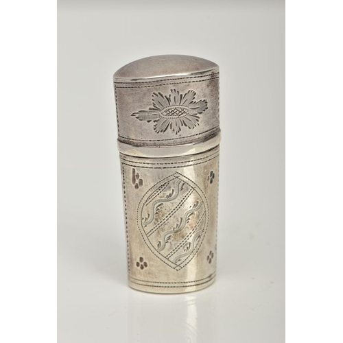 30 - A WHITE METAL NEEDLE/PIN CASE, slightly tapered case engraved with a floral and foliate design, mark... 