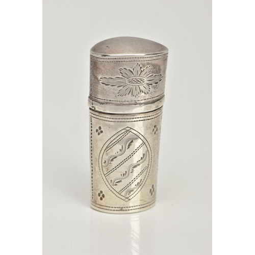 30 - A WHITE METAL NEEDLE/PIN CASE, slightly tapered case engraved with a floral and foliate design, mark... 