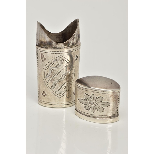30 - A WHITE METAL NEEDLE/PIN CASE, slightly tapered case engraved with a floral and foliate design, mark... 