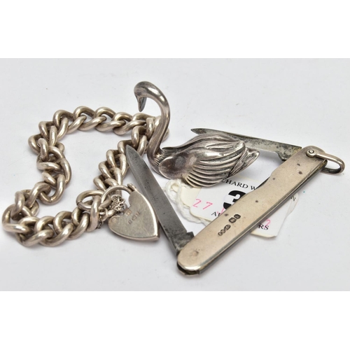 37 - A SILVER BRACELET, FRUIT KNIFE AND A SWAN FIGURINE, curb link bracelet fitted with a heart padlock h... 