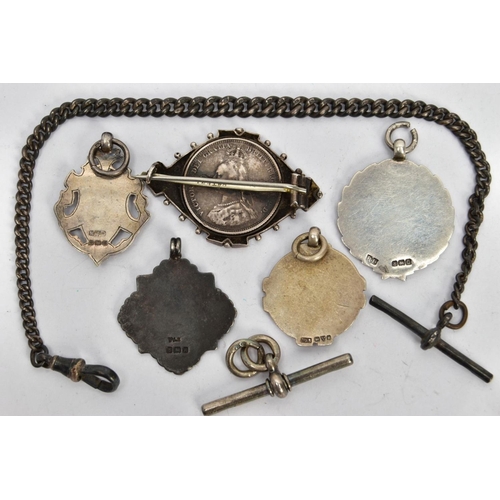 38 - A SILVER ALBERT CHAIN WITH FOB MEDALS AND A BROOCH, a graduated Albert chain each link stamped with ... 