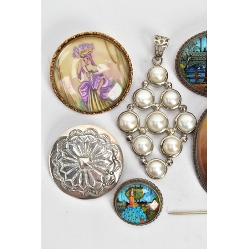 39 - SIX BROOCHES, THREE PENDANTS AND A STICK PIN, the brooches include two butterfly wing brooches, two ... 