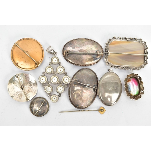 39 - SIX BROOCHES, THREE PENDANTS AND A STICK PIN, the brooches include two butterfly wing brooches, two ... 