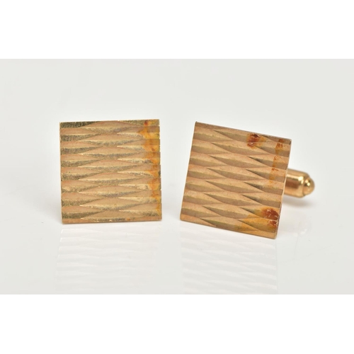 4 - A PAIR OF 9CT GOLD CUFFLINKS, each of a square form designed with a diamond cut pattern, hallmarked ... 