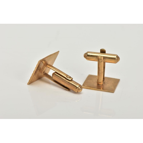 4 - A PAIR OF 9CT GOLD CUFFLINKS, each of a square form designed with a diamond cut pattern, hallmarked ... 