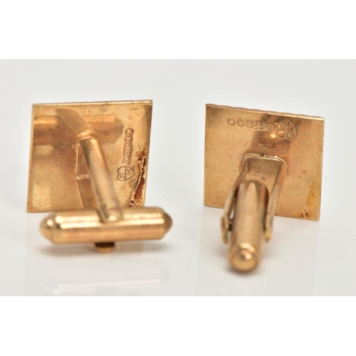 4 - A PAIR OF 9CT GOLD CUFFLINKS, each of a square form designed with a diamond cut pattern, hallmarked ... 