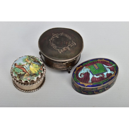 42 - THREE TRINKET BOXES, to include a silver and tortoise shell circular trinket, silver inlay swag deta... 