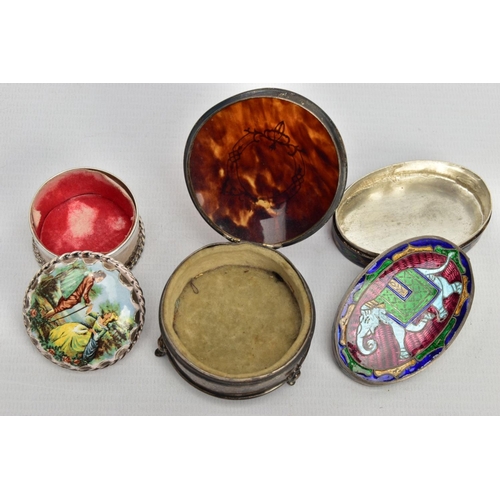 42 - THREE TRINKET BOXES, to include a silver and tortoise shell circular trinket, silver inlay swag deta... 