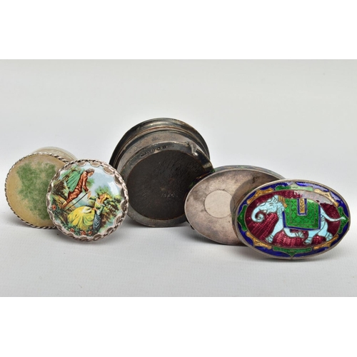 42 - THREE TRINKET BOXES, to include a silver and tortoise shell circular trinket, silver inlay swag deta... 