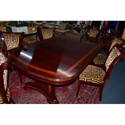 445A - A CHARLES BARR MAHOGANY AND BURR WOOD INLAID EXTENDING PEDESTAL DINING TABLE, with one additional le... 