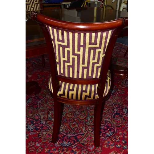 445A - A CHARLES BARR MAHOGANY AND BURR WOOD INLAID EXTENDING PEDESTAL DINING TABLE, with one additional le... 