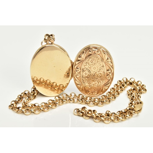 45 - A 9CT GOLD LOCKET AND CHAIN, oval floral and scroll detailed locket, opens to reveal two photo compa... 