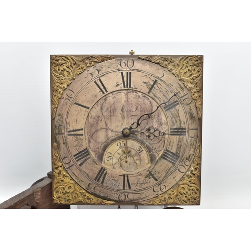 450A - A 18TH CENTURY HOOK AND SPIKE 12-INCH BRASS WALL CLOCK, signed Edward Bilbie of Chew Stoke, the bras... 