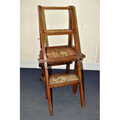 455A - A VICTORIAN OAK GOTHIC STYLE METAMORPHIC CHAIR/LIBRARY STEPS, with quatrefoils to the bar back, and ... 