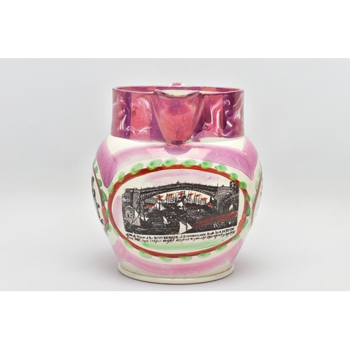 465A - A SUNDERLAND LUSTRE JUG COMMEMORATING THE OPENING OF THE IRON BRIDGE AT SUNDERLAND IN 1796, with thr... 